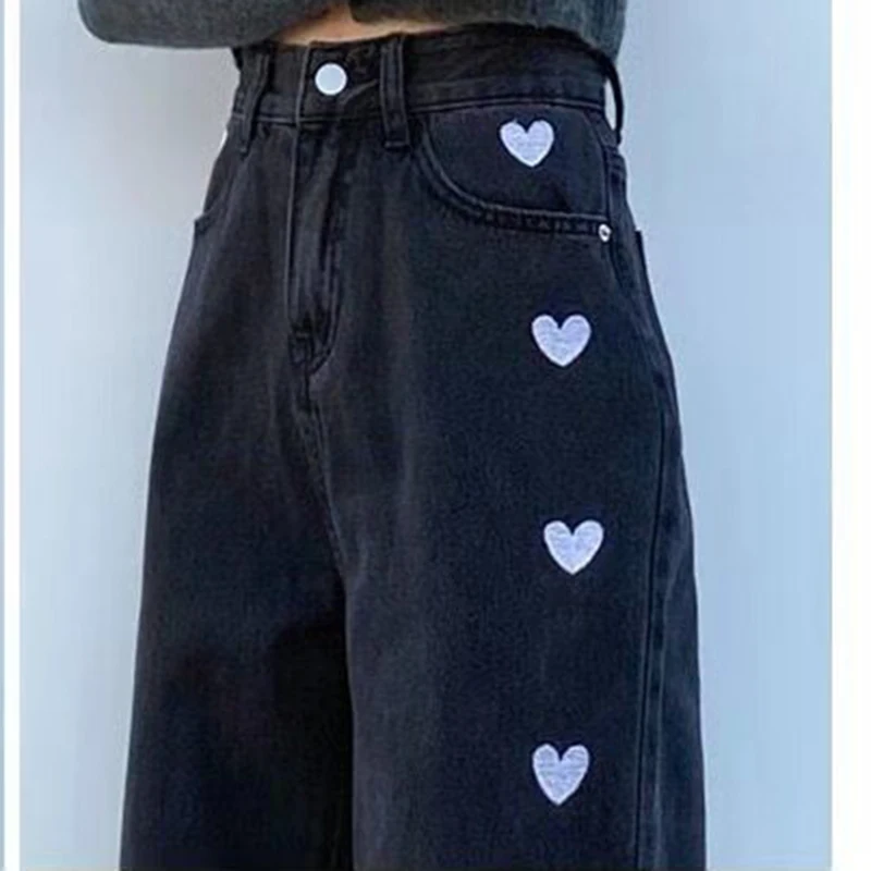 

korea fashion Love printing women high waist wide leg pant commute All cotton button women summer heart jeans pants