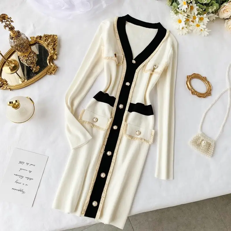 Новинка 2019 модное женское платье французское темпераментное вязаное облегающее