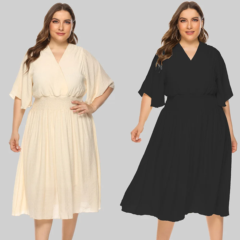 

Women Dress Plus Size Summer Elegant Flying Sleeves Casual Dress 2021 New V Neck Loose Folds Party Dresses Birthday Outfits