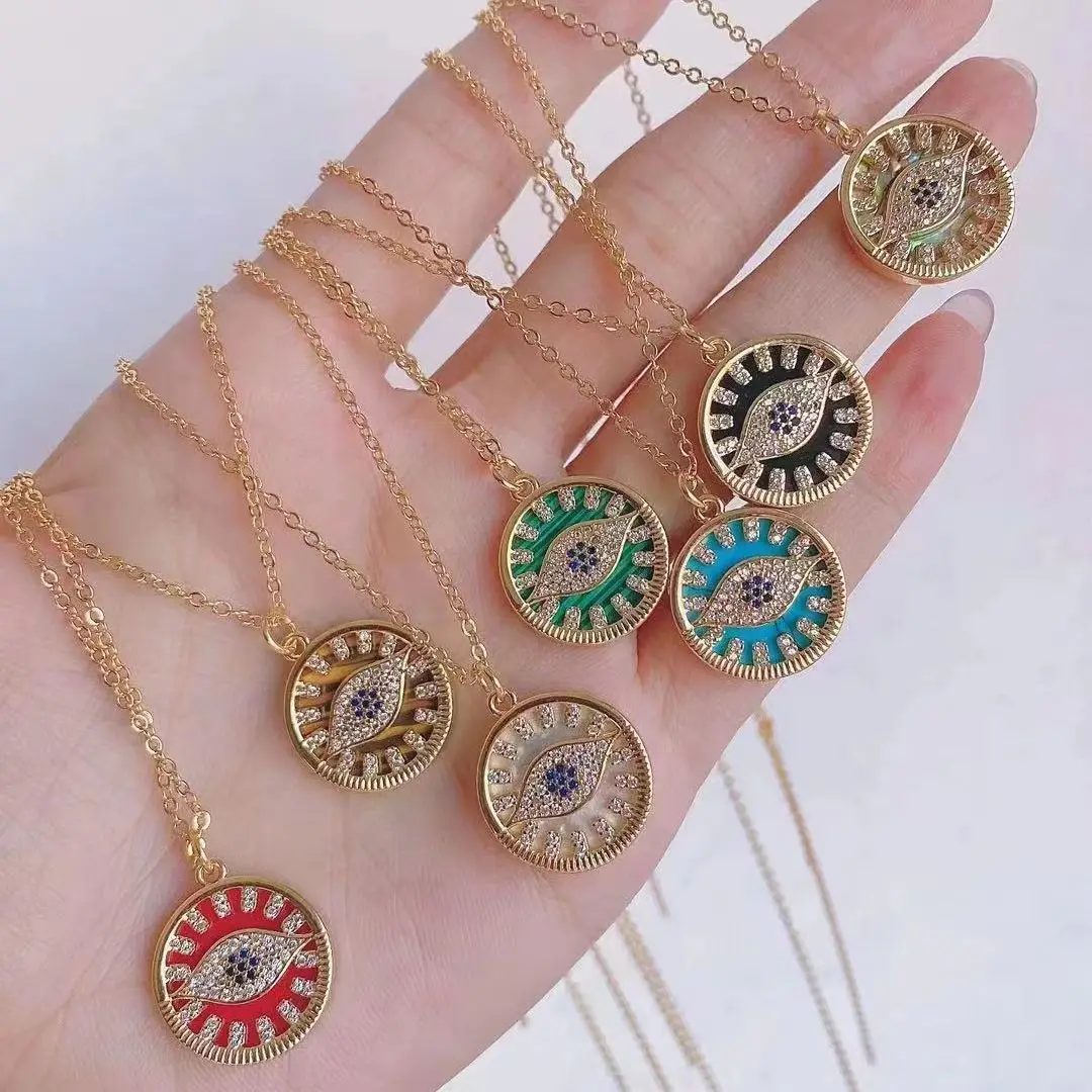 

5PCS, Boho Evil Eye Coin Necklaces Pendant Gold Color Round Necklaces for Women Men Nature Shell Stone Gems Jewelry Party Gifts