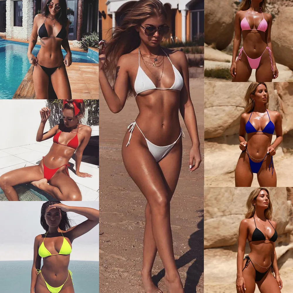 

Fashionable Sexy Thin Belt Bikini Solid Color Swimsuit Strappy Wear Outdoor Beach Seaside Vacation Two-piece Split Swimming Suit