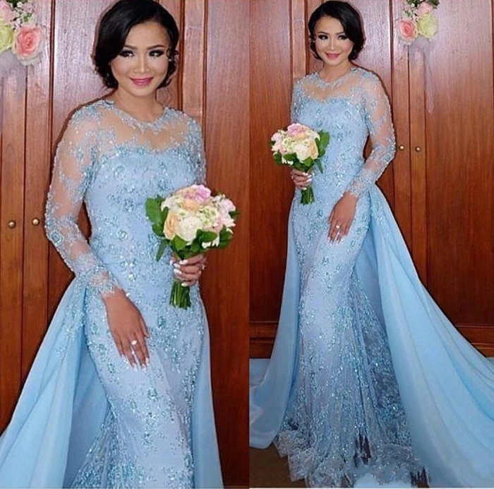 

Illusion Long Sleeves Saudi Arabia Pageant Dresses 2020 Ice Blue Evening Dress with Detachable Train Lace Prom Party Gowns