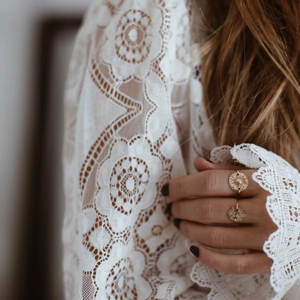 Женская белая кружевная блузка с длинным рукавом и круглым воротником Женский