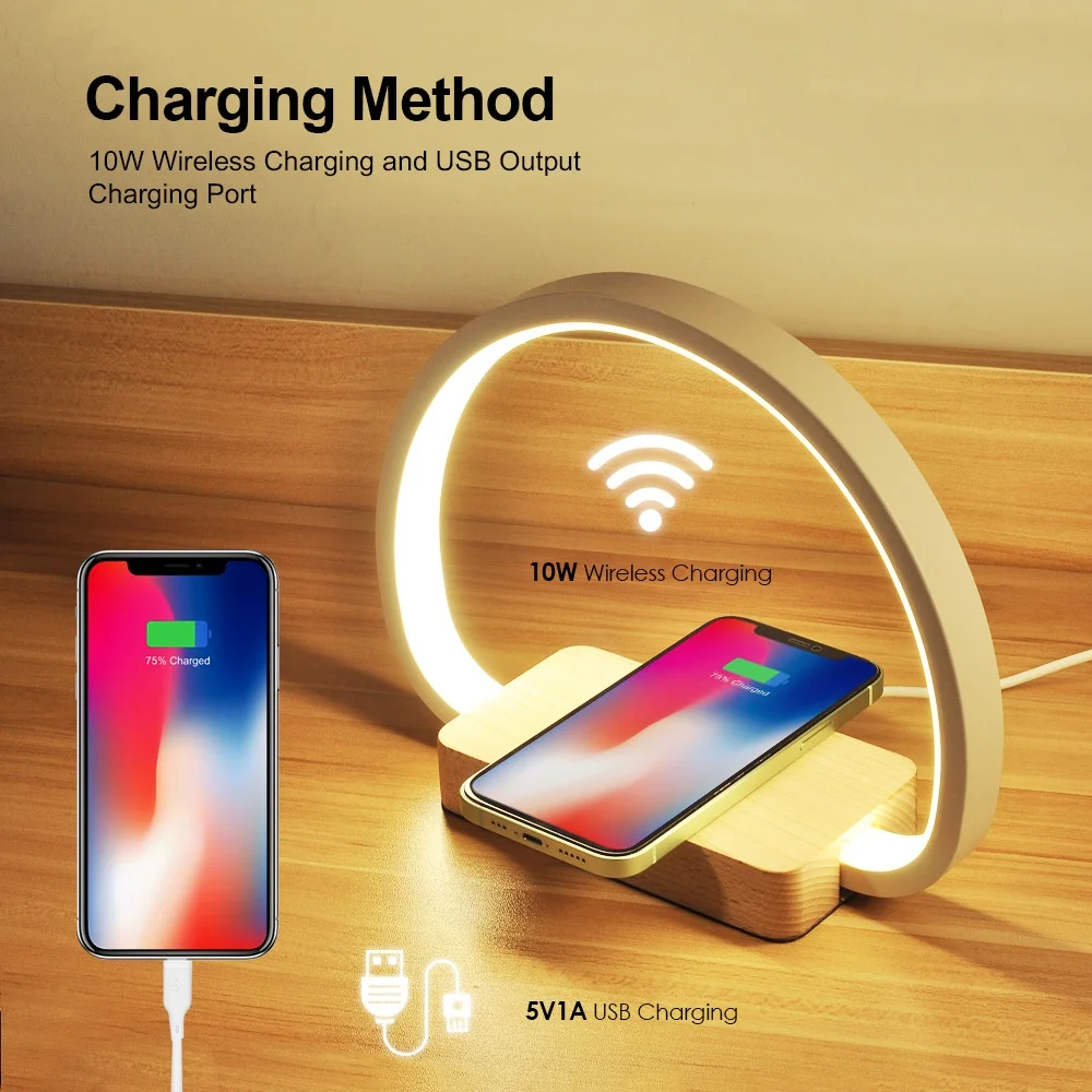 

Настольная лампа с беспроводной зарядкой по USB, приглушаемый ночник для спальни, деревянная настольная лампа, многофункциональный ночсвети...