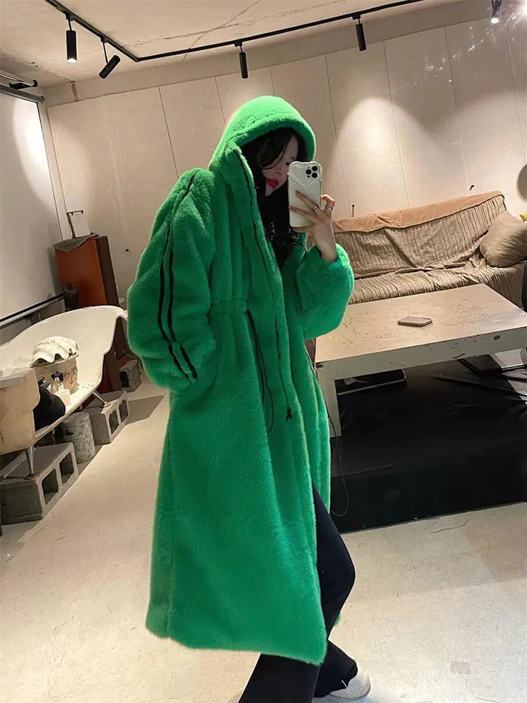 

Длинное меховое пальто с капюшоном, теплая Толстая плюшевая куртка, новинка зима 2021, женское осеннее пальто средней длины, Женская Стеганая ...