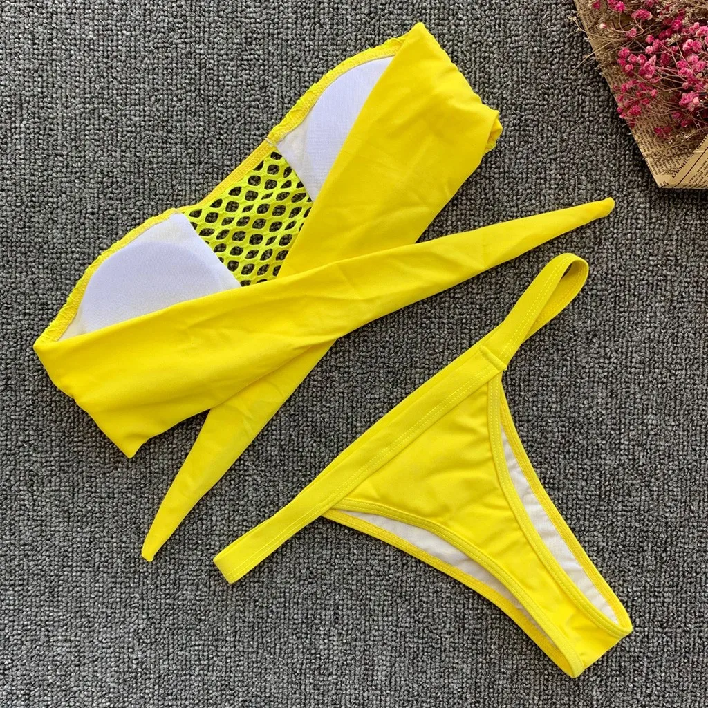 Бикини 2019 пикантный однотонный цвет Женский раздельный бандажный сетчатый