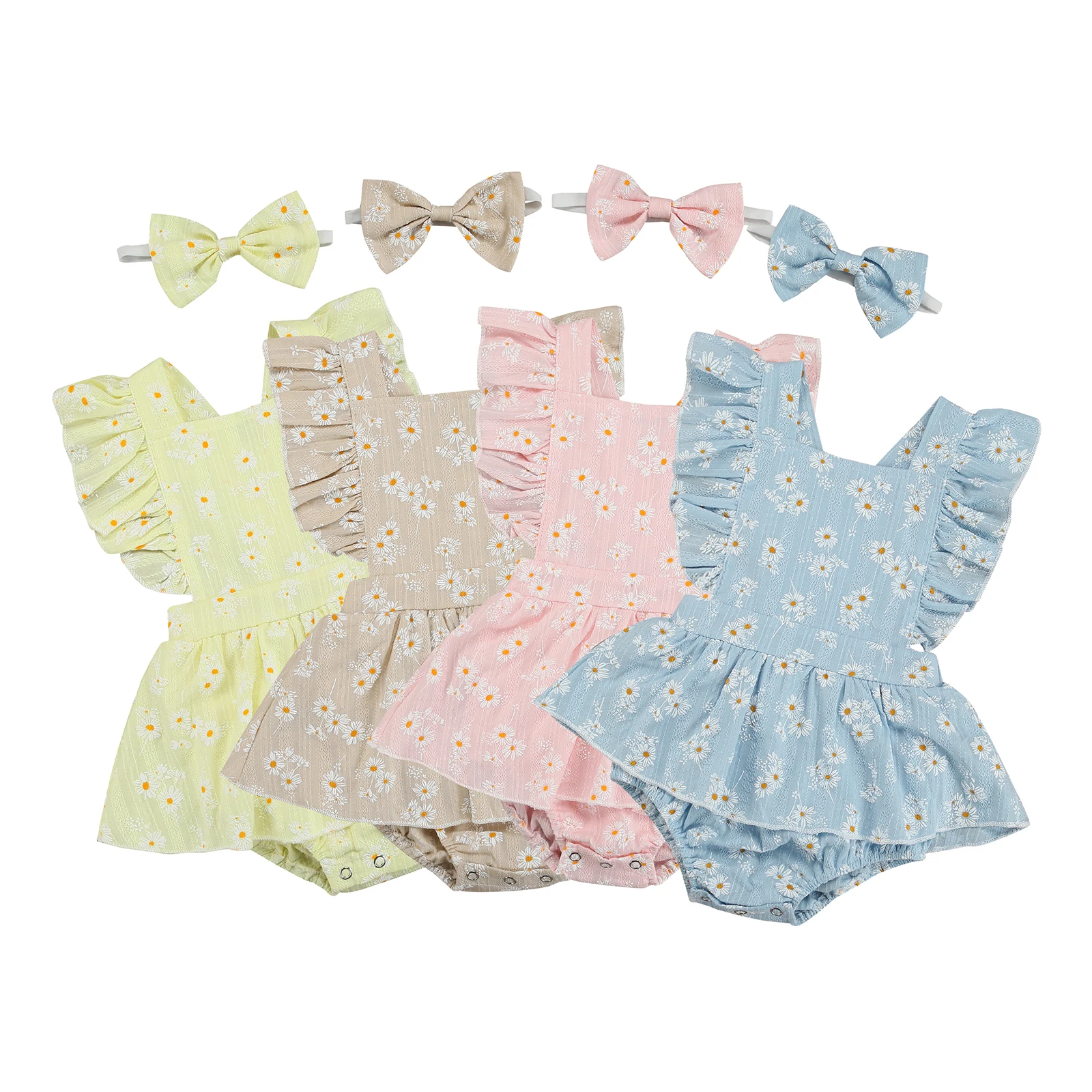

Toddler Baby Girls Clothes Romper With Headband Daisy Print Square Collar Ruffle Fly Sleeve Bodysuit Hairband For Girls 2021