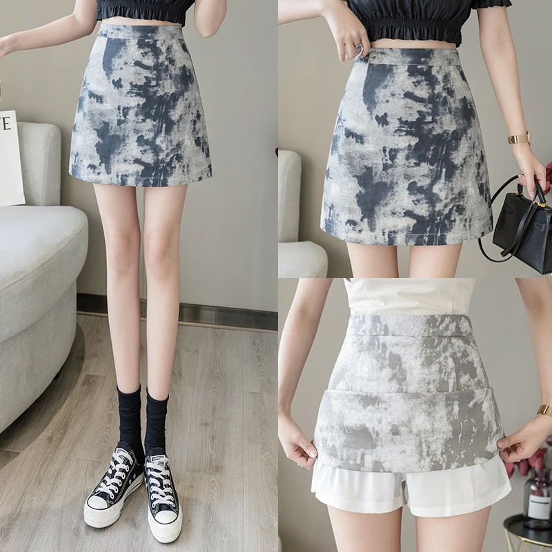 

Short skirt women's half-length skirt spring 2021 new fashion high-waisted A-line package hip culottes spring abstract picture