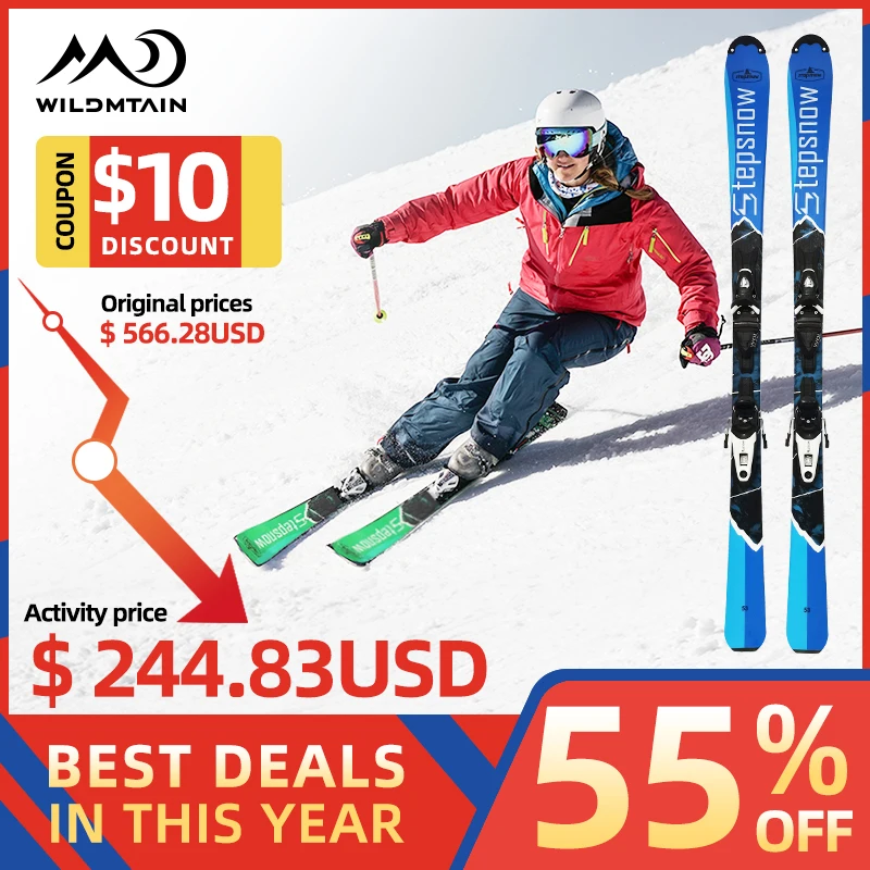 

WILDMTAIN Snowboards Skis Intermediate to Pro with Ski Bindings Optional, 110cm to 140cm Length, Men Women Easy Steering Skis
