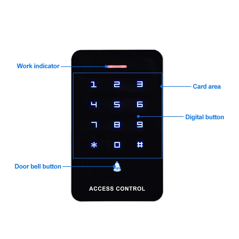 Press Panel Access Control Keypad RFID Reader Keyboard Controller WG26 Door Bell Button + 10Pcs EM4100 Keyfobs Tags |