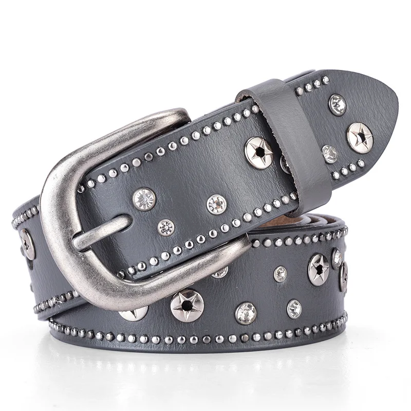 

Vintage Big Buckle Western Cowgirl Belt Pu Faux Leather Belts for Women Metal Flowers Rhinestone Rivets Decoration Waist Belt