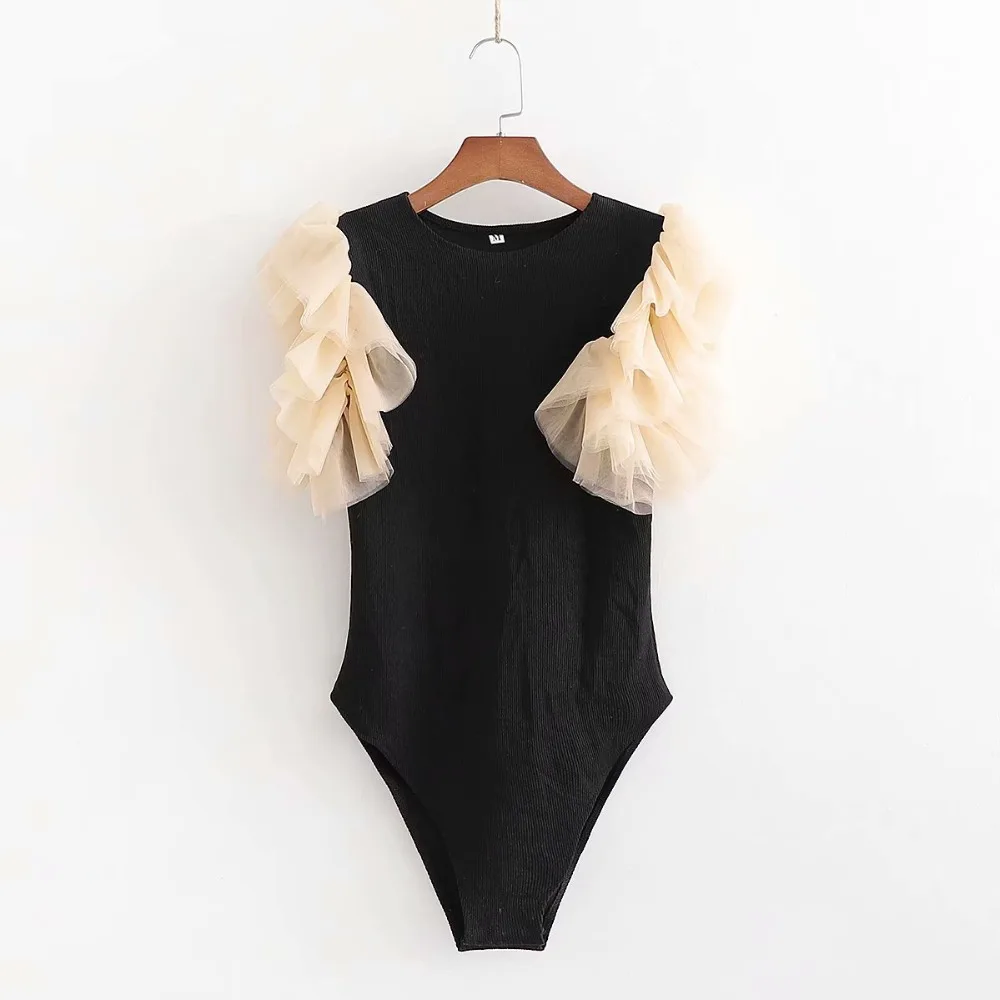 Ребристое трикотажное сексуальное боди для женщин с рукавом из тюля и круглым