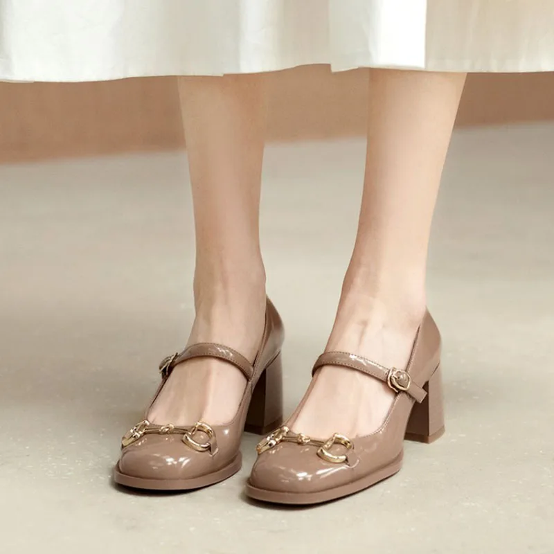 2021 Summer New Thick-heeled Mary Jane Women's shoes With Metal Decorative Round-toe High-heeled Shoes With a Word Buckle