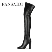 fansaidi winter high heels square toe pure color pink zipper chunky heels ladies boots over the knee boots 41 42 43 44 45