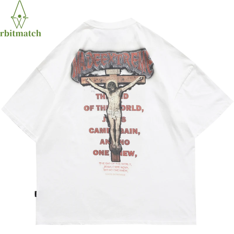 

Футболка мужская оверсайз в стиле ретро, винтажная тенниска с принтом Иисуса и надписью, свободная уличная одежда в стиле хип-хоп, хлопок, ле...