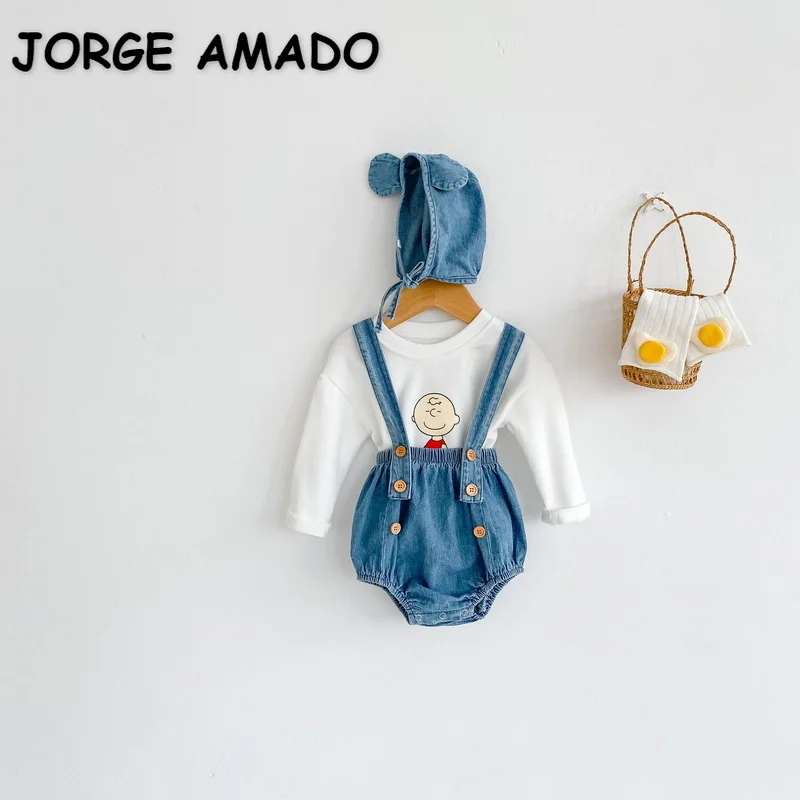 Conjuntos de 3 piezas para beb&eacute;s y ni&ntilde;os, camiseta de dibujos animados de manga larga + Mono vaquero + gorro, trajes E3001, novedad de Oto&ntilde;o de 2021-0