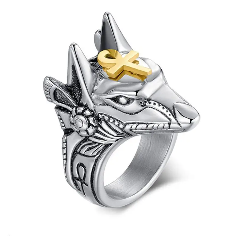 

Men Stainless Steel Egyptian God Anubis Gold Ankh Cross Ring Anubis Beast Bands