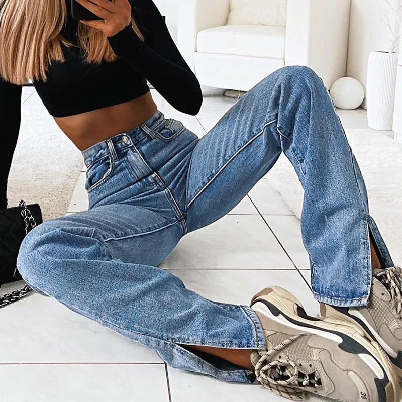 

Retro High Waist Jeans Women Casual Chic Fitting Split Feet Hem Trousers Sexy Fashion Solid Color Straight Pants Y2k Pantalones