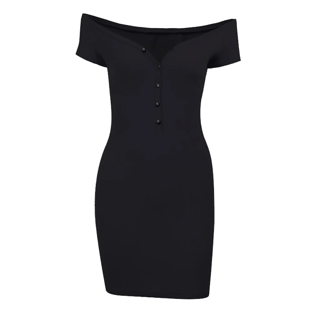 

Women Sexy Solid Color Off Shoulder Buttons Deep V Neck Knit Bodycon Slim Dress Cotton Ruched Drawstring Party Dress