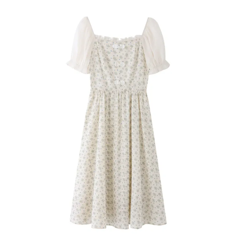 

Small Fresh and Sweet Long A-line Skirt Fairy French Square Neck Puff Sleeve Floral Dress Female Summer New Style Apricot