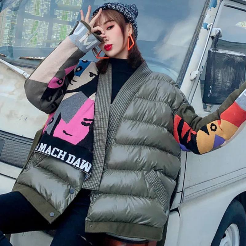 

Winter Minimalist Long-sleeved Loose Thick Warm Jackets Coat Women Panelled Print Down Cotton Padded Clothes