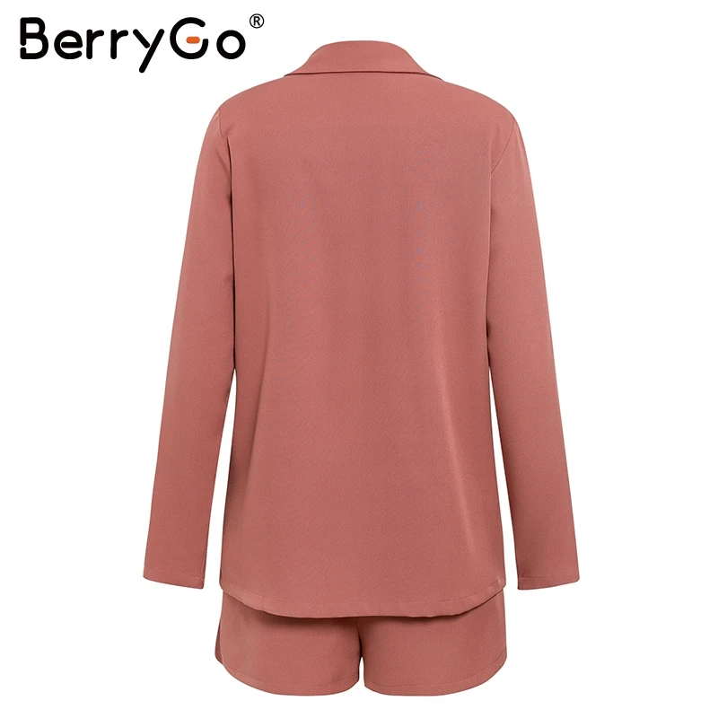 BerryGo элегантный офисный Женский блейзер из двух предметов, костюмы, повседневный уличная Блейзер, комплекты с пуговицами и карманами, пояс с поясом, Женский костюм с шортами
