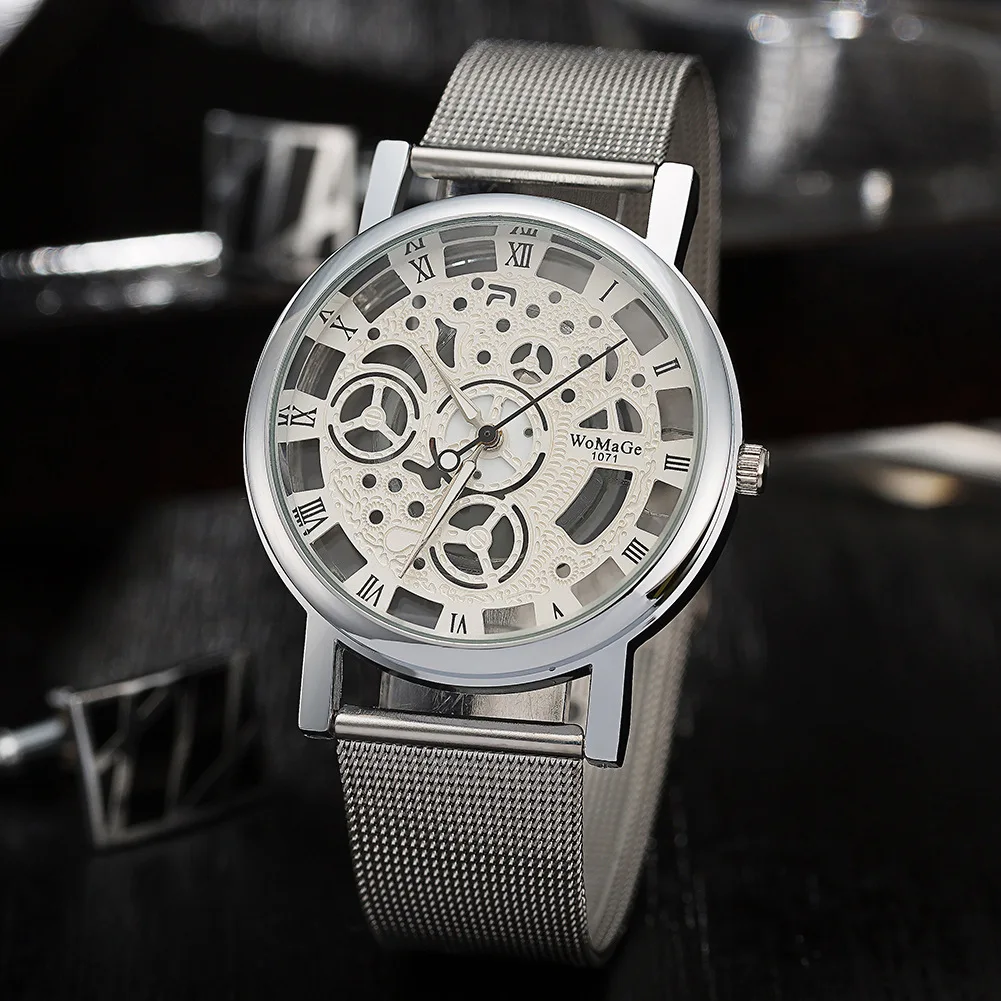 

Womage Personality Double Faced Hollow Quartz Mesh Steel With Atmosphere Roman Scale Men's Business Watch