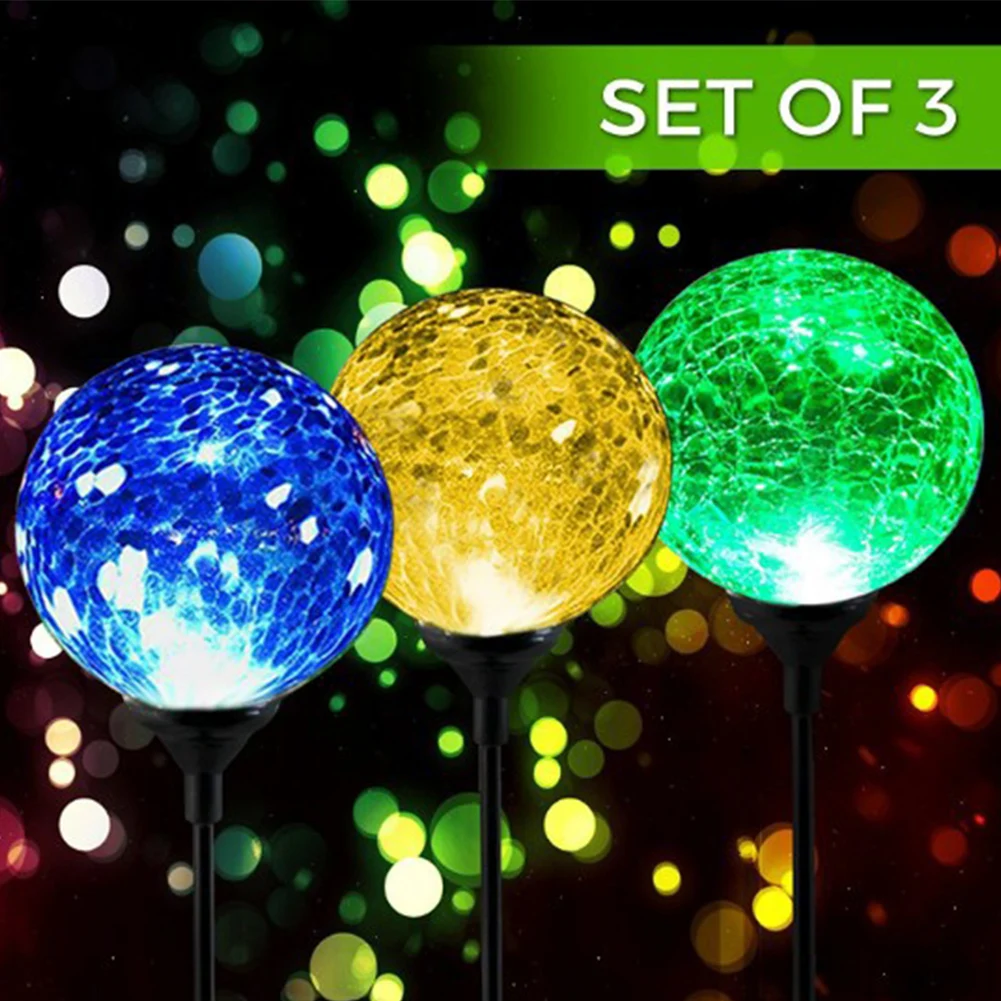 

3pcs Lawn Light Courtyard Colour Changing Solar Powered Modern Wireless Garden UV Crackle Glass Ball Outdoor