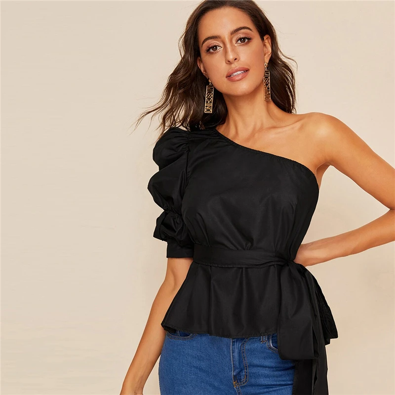 SHEIN Однотонный Топ На Одно Плечо С Пышными Рукавами И Поясом Женская Летняя Белая Элегантная Блузка С Средним Рукавом