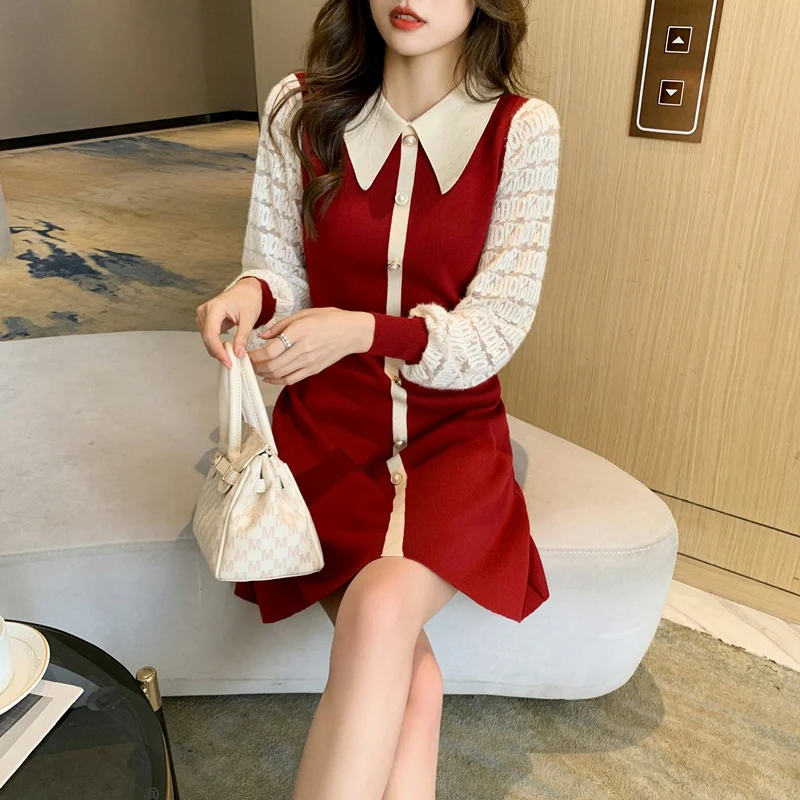 

Knitting Loose Women Dresses New Fashion Casual Long Sleeve Dress Polo Collar Autumn A-LINE Lace Splicing Buttons Houthion