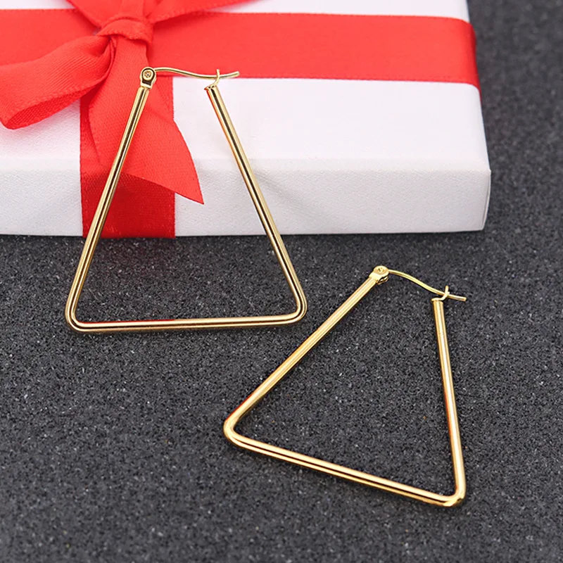 

QEENKISS EG8129 Fine Jewelry Wholesale Fashion Woman Girl Birthday Wedding Gift Triangle Titanium Stainless Steel Hoop Earrings