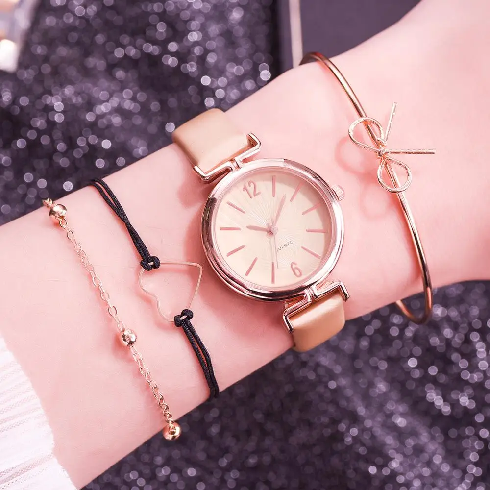 4 предмета в комплекте новые модные простые женские кварцевые часы повседневные