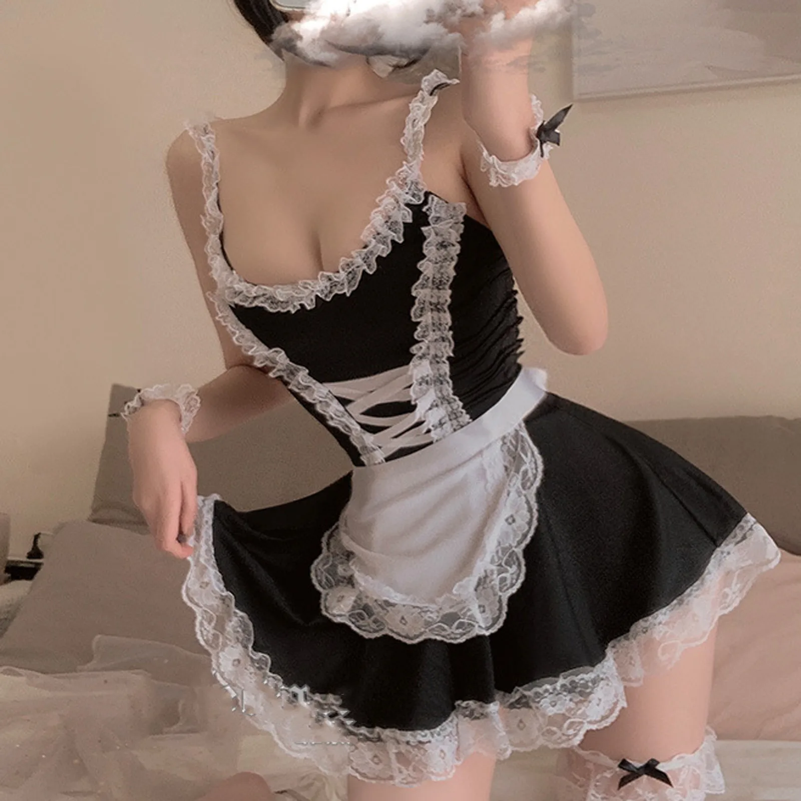 

Lolita Hot Costume Babydoll Dress Women Sexy Lace Maid Outfit Splicing Sling Siamese Thong Underwear Maid Skirt Cosplay Dress