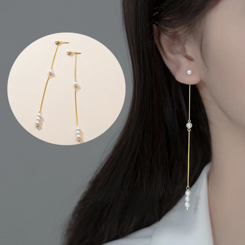 

MloveAcc New Trend Simulation Pearl Long Earrings Female Wedding Pendant Earings 925 Sterling Silver Fashion Korean Jewelry