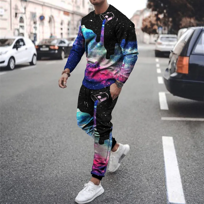 

2021 Autumn New Men Set Fashionable Men's Astronaut Printed Round Neck Long Sleeve T-shirt Casual Suit Two-piece Suit + Trousers