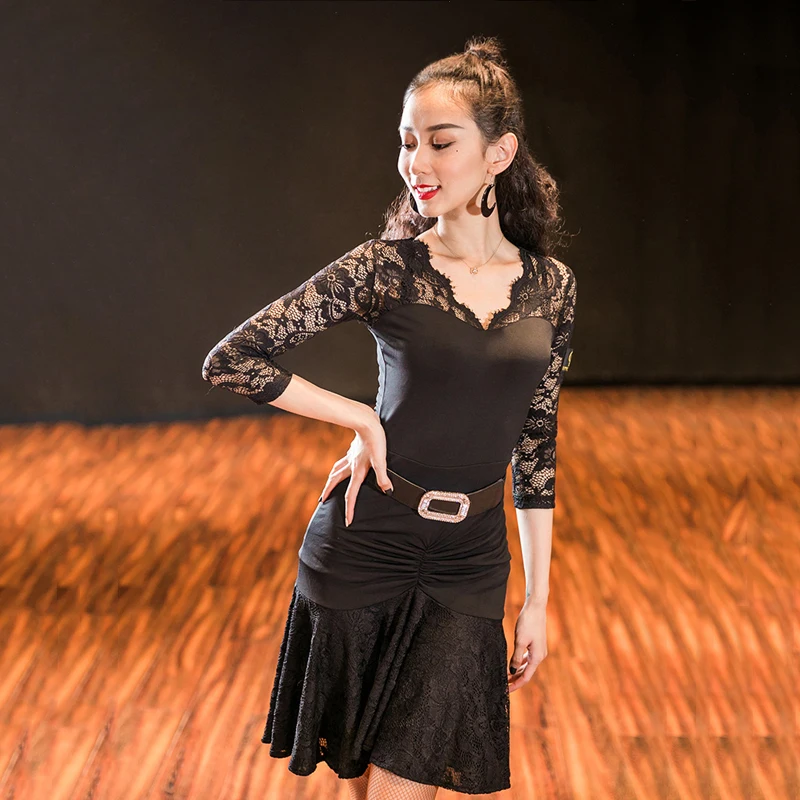 Платье для латинских танцев черное кружевное платье Одежда женский костюм
