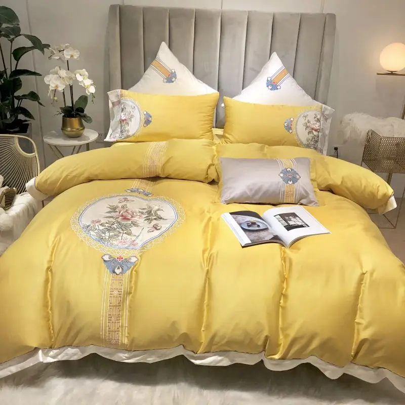 Роскошный желтый 100S сатин Египетский хлопок китайский стиль постельных