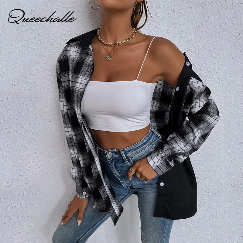 

Autumn Shirts For Women Black White Plaid Long Sleeve Button Up Shirt Tops And Blouse 2021 Female Fashion Loose Casual Outwear