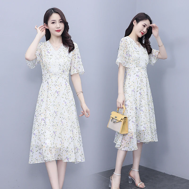 

Vintage White Floral Womens Dress Fashion Print Clothes Plus Size Chiffon Elegant Dresses Ladies V-Neck Clothing Woman