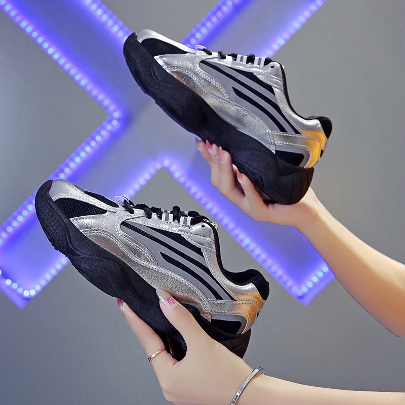 Женские кроссовки на массивной платформе серебристые Ulzzang шнуровке Повседневная Вулканизированная обувь