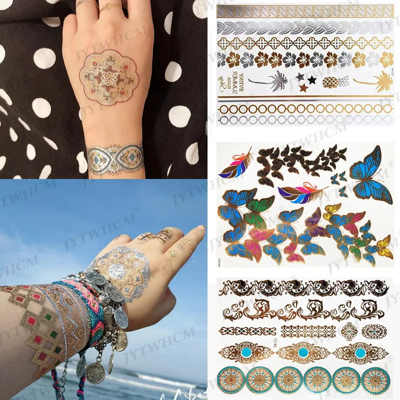 

Temporary Tattoo Stickers Waterproof Flash Golden Tattoos Metal Fake Tatto For Women Body Art Tribal Butterfly Feather Tattoos