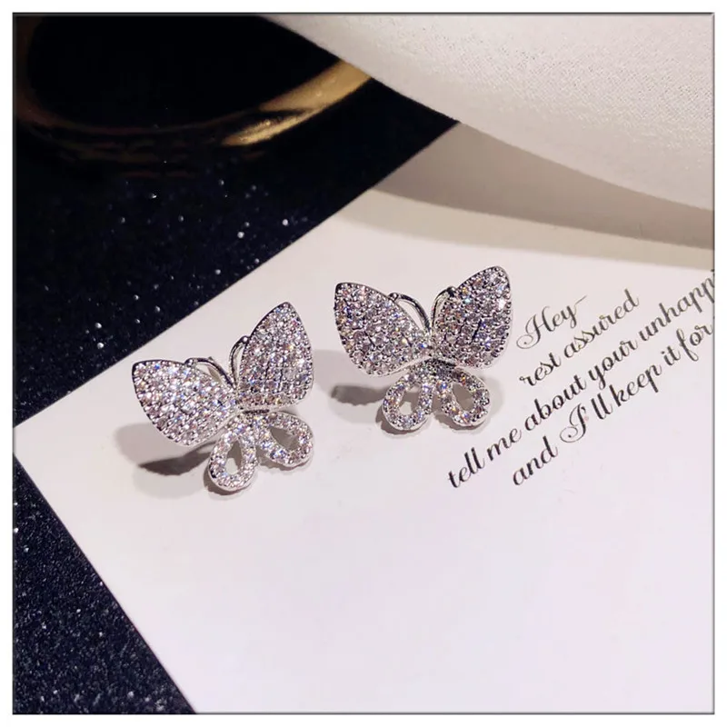 S925 Sterling Silver Needles Fine Jewelry Stud Earrings For Women Butterfly Cubic Zirconia Elegant Temperament Fine Jewelry