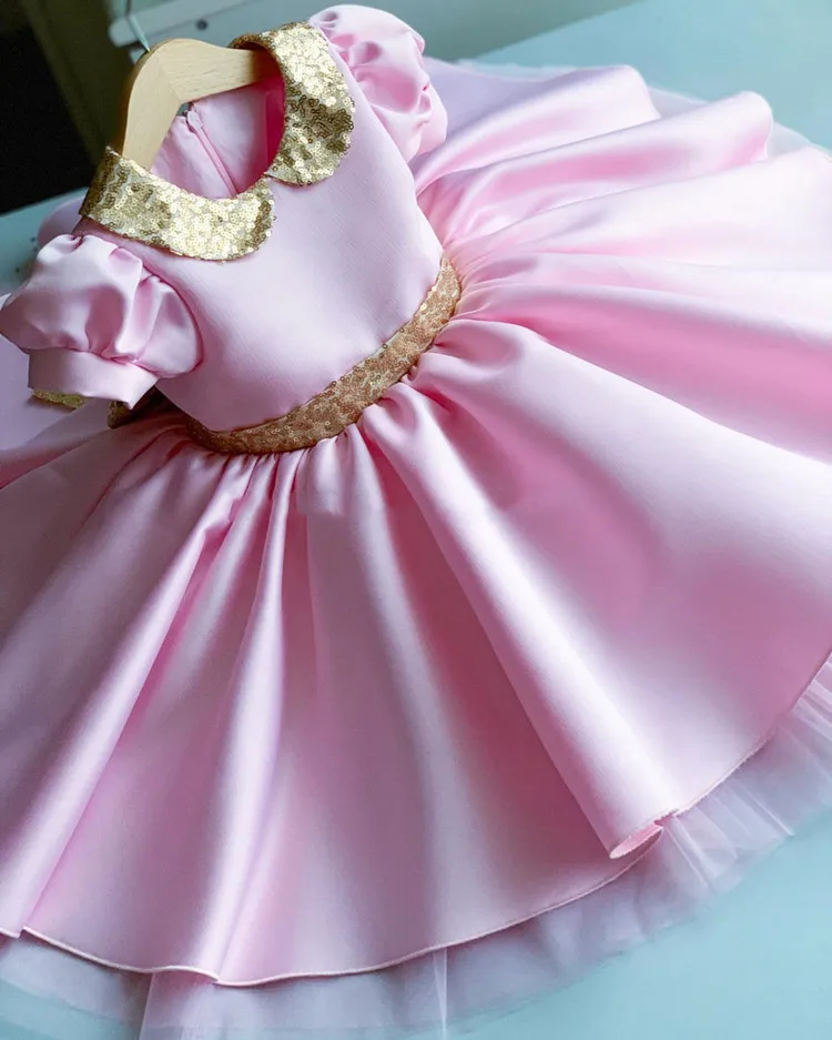 Cute Baby Girls Dresses Satin Sequined Bow Knee Length First Birthday Dress Girls Dresses Bow Little Princess Dresses enlarge