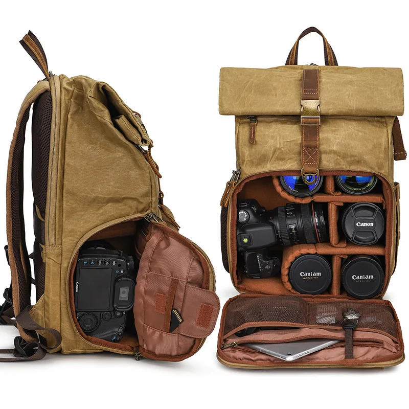 Camera Bag Batik Canvas+Leather Waterproof Camera Backpack DSLR Case Padded Large Photo Bag for Camera Nikon Canon m50 Olympus