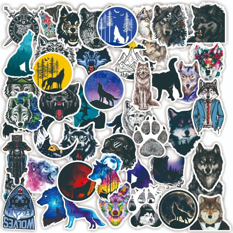 

50pcs Wolf Totem wild animals moon night starry sky black and white Stickers for Mobile Phone Laptop Luggage Skateboard Bike