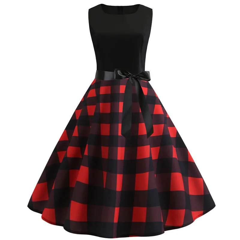 Red Print Vintage Dress Women Retro 50s 60s Rockabilly Sleeveless Patchwork A Line Party Dresses Plus Size Beach Vestidos | Женская