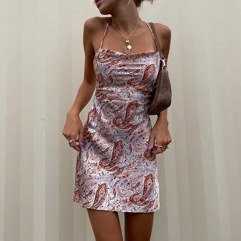 

paisley printing backless bandage dress sexy dress women
