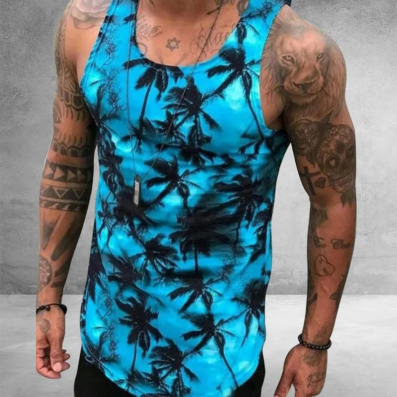

2021 Men's Tank Top Summer Sleeveless Shirts Moon and Sun Print Fitness Clothing Men Casual Sports Slim Vest Harajuku Tops Shirt