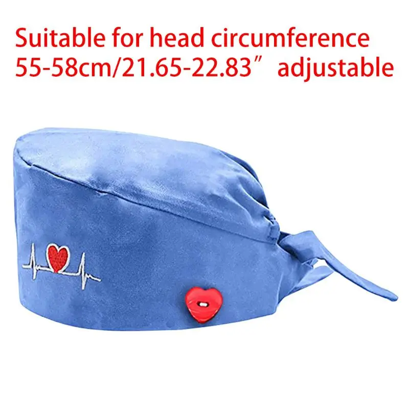 

Solid Color Women ECG Pattern Cap with Buttons Lace-up Scrub Bouffant Hat 23GE