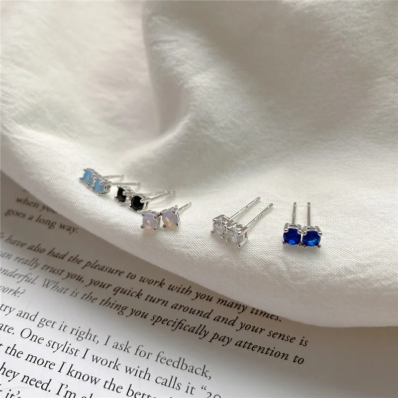 RUIYI Real 925 Sterling Silver Geometric Vintage Fashion Stud Earrings Women Pink Light Blue Black White Zircon Chic Ear Studs | Украшения